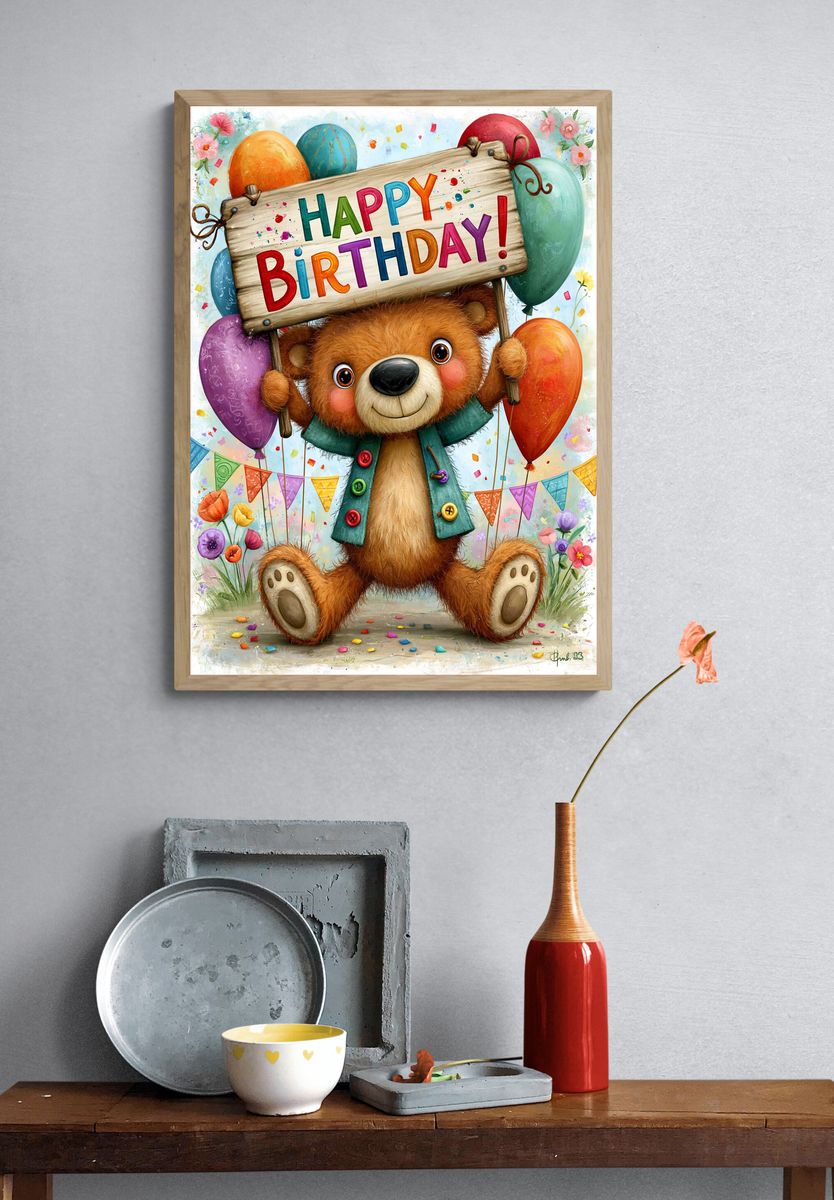 Birthday Bear Illustration Poster. — room view 3