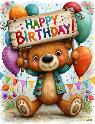 Birthday Bear Illustration Poster.