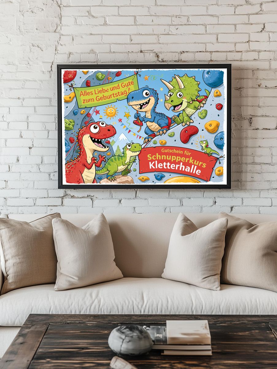 Dinosaur Climbing Birthday Illustration Poster. — room view 1