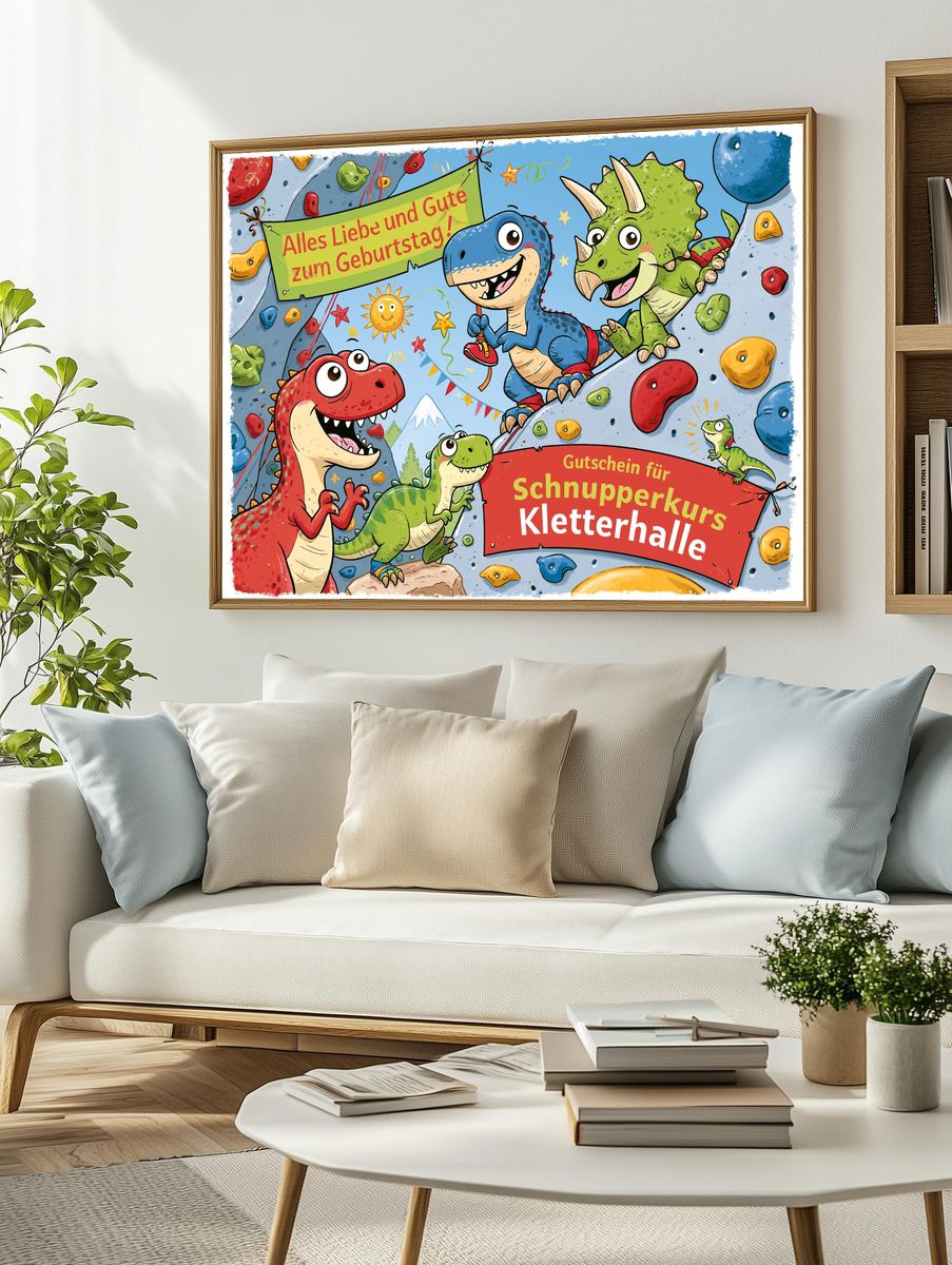 Dinosaur Climbing Birthday Illustration Poster. — room view 2
