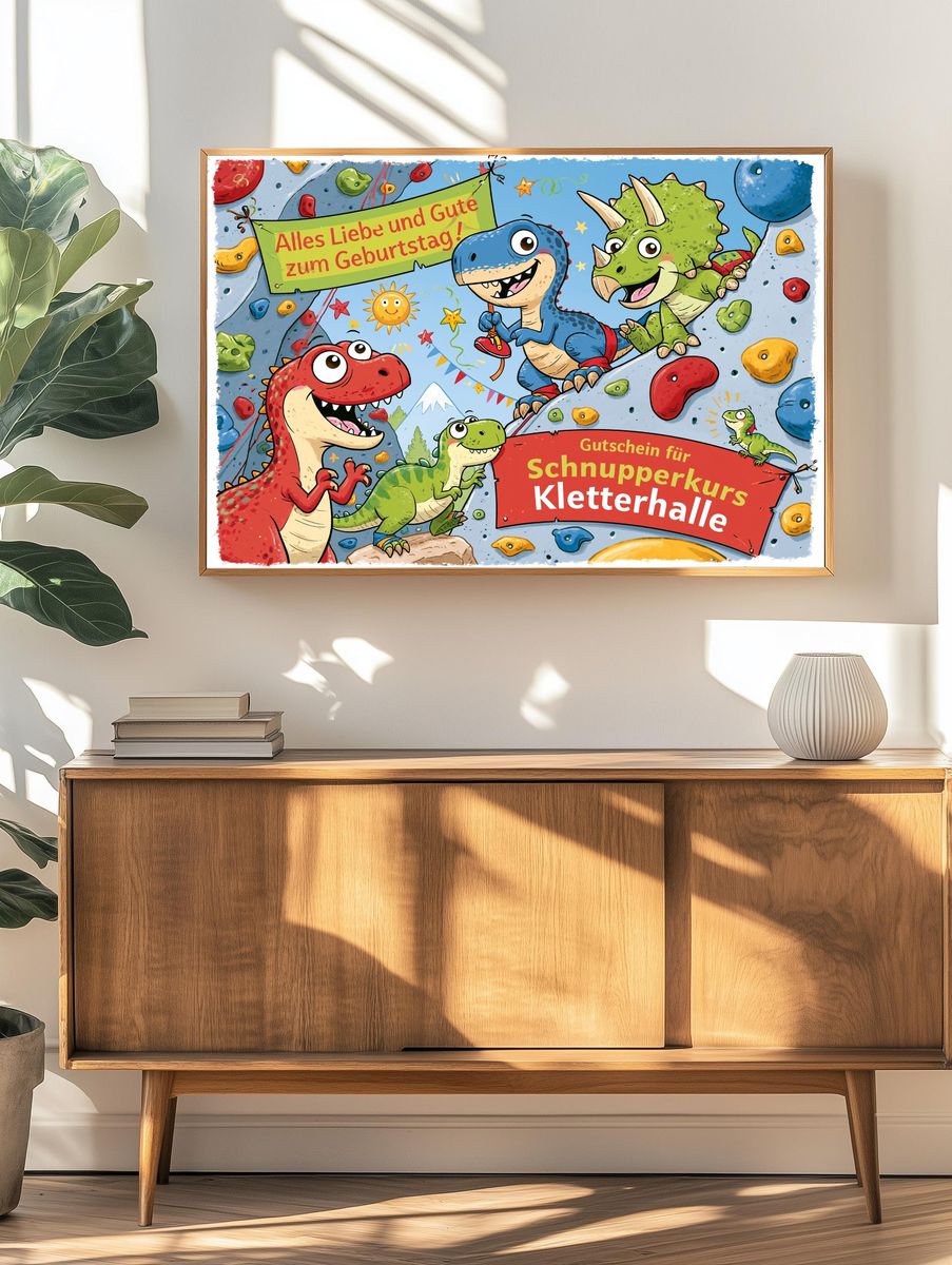 Dinosaur Climbing Birthday Illustration Poster. — room view 3