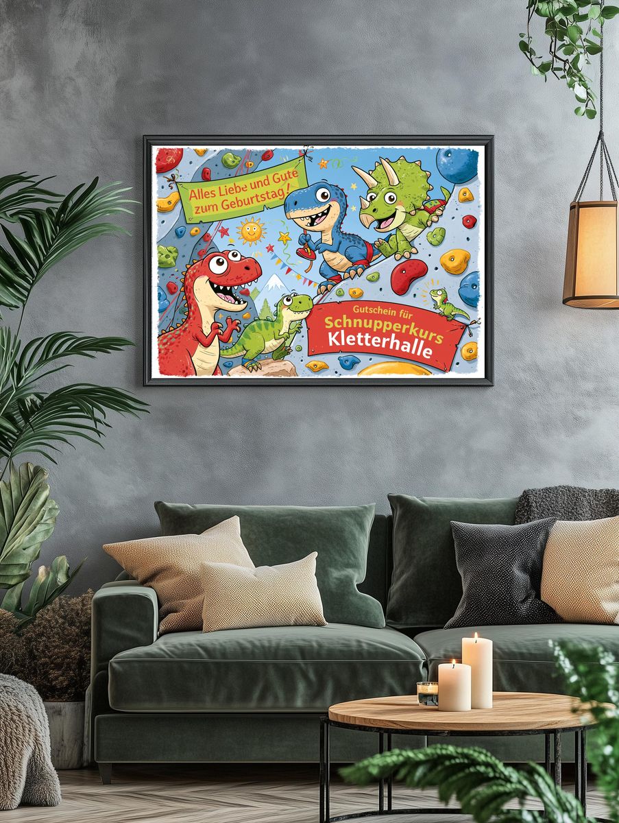 Dinosaur Climbing Birthday Illustration Poster. — room view 4