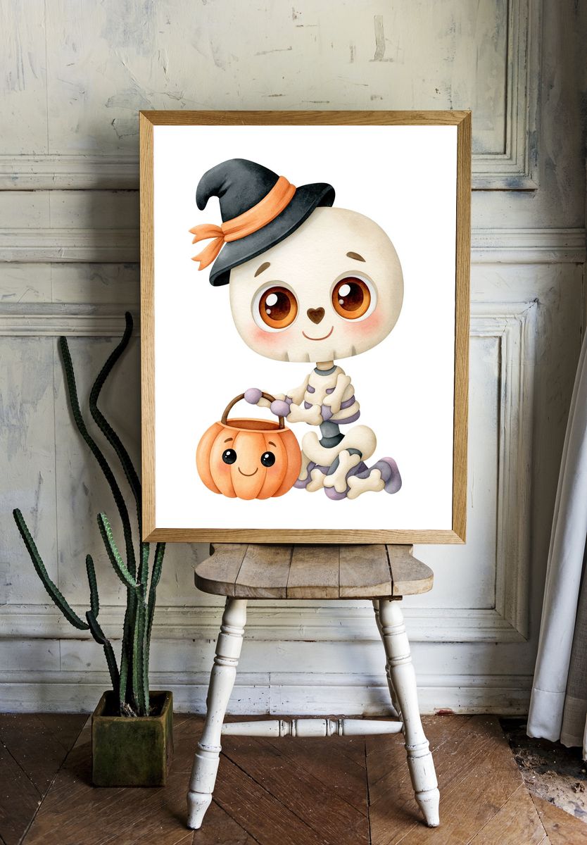Cute Halloween Skeleton Watercolor Poster. — room view 1