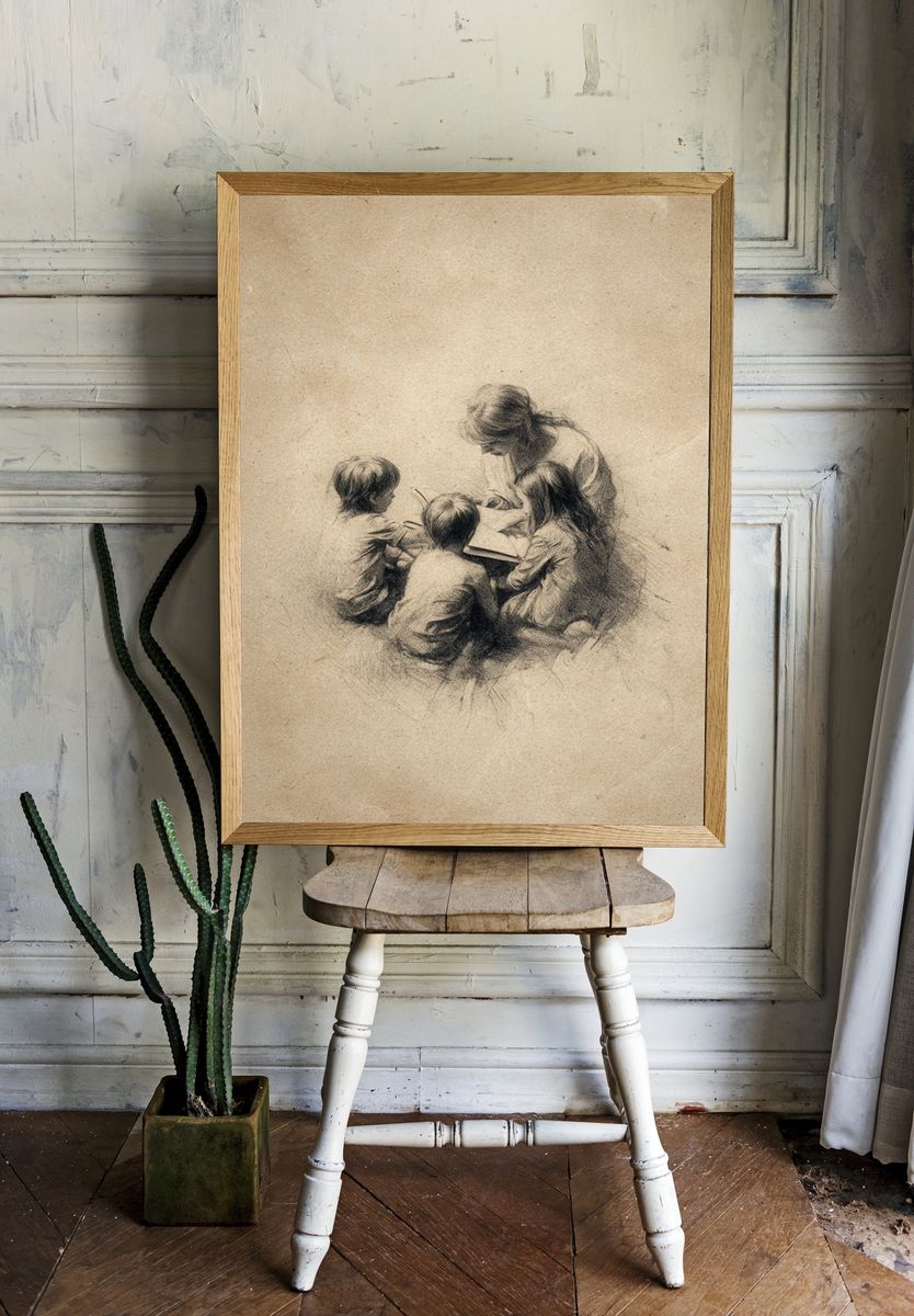 Children Reading Together — Illustration Print room preview
