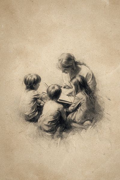 Children Reading Together — Illustration Print. poster print