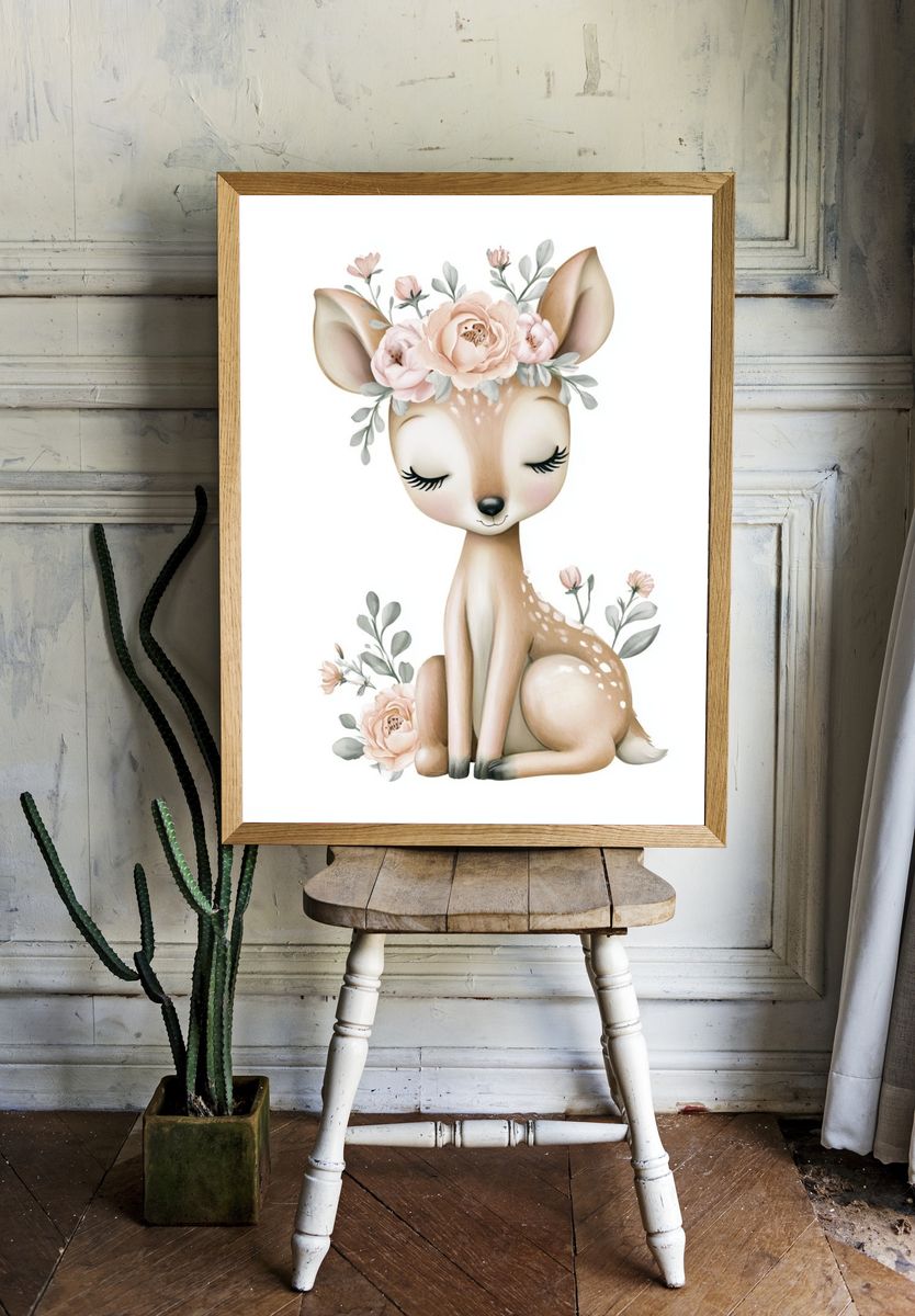 Floral Deer Nursery Print. — room view 1