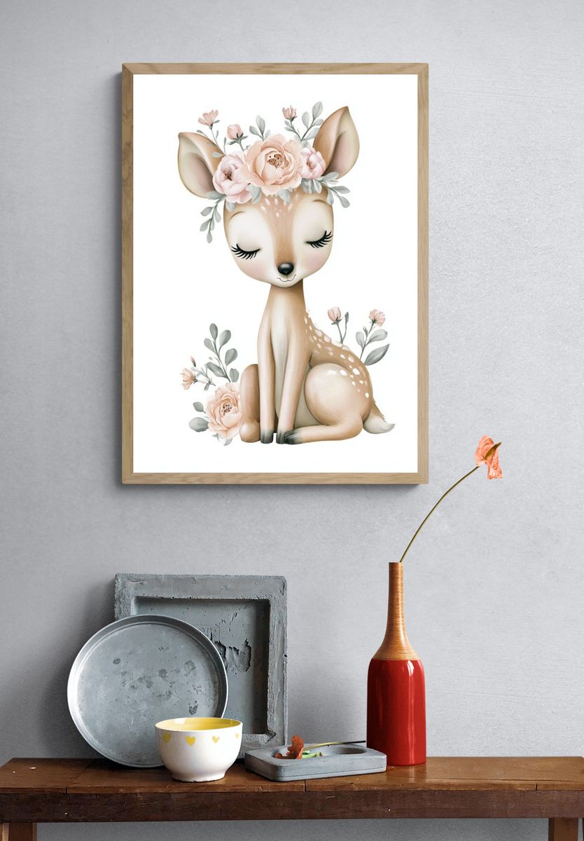 Floral Deer Nursery Print. — room view 3