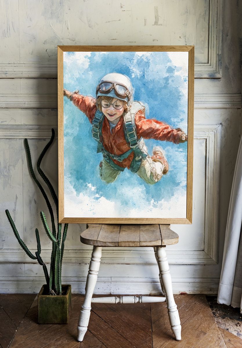 Young Skydiver Watercolor Print. — room view 1
