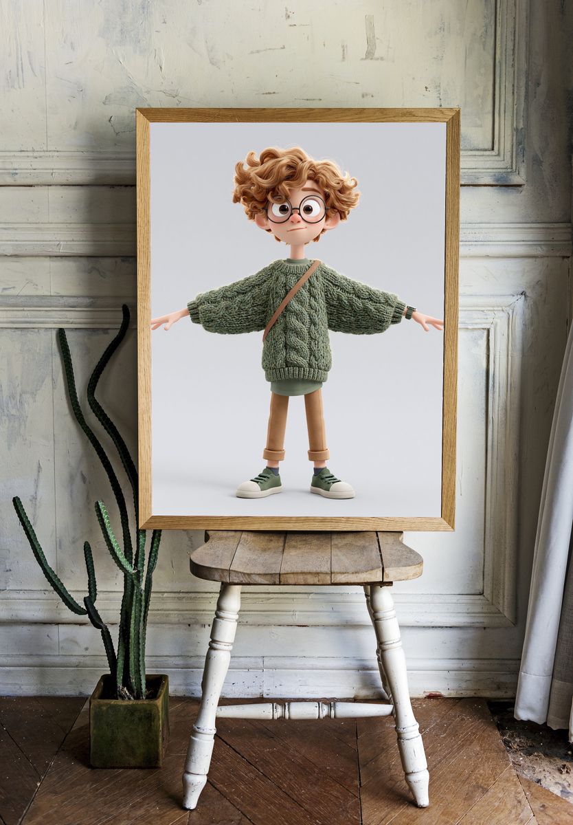 Curly Kid Character Illustration Poster. — room view 1