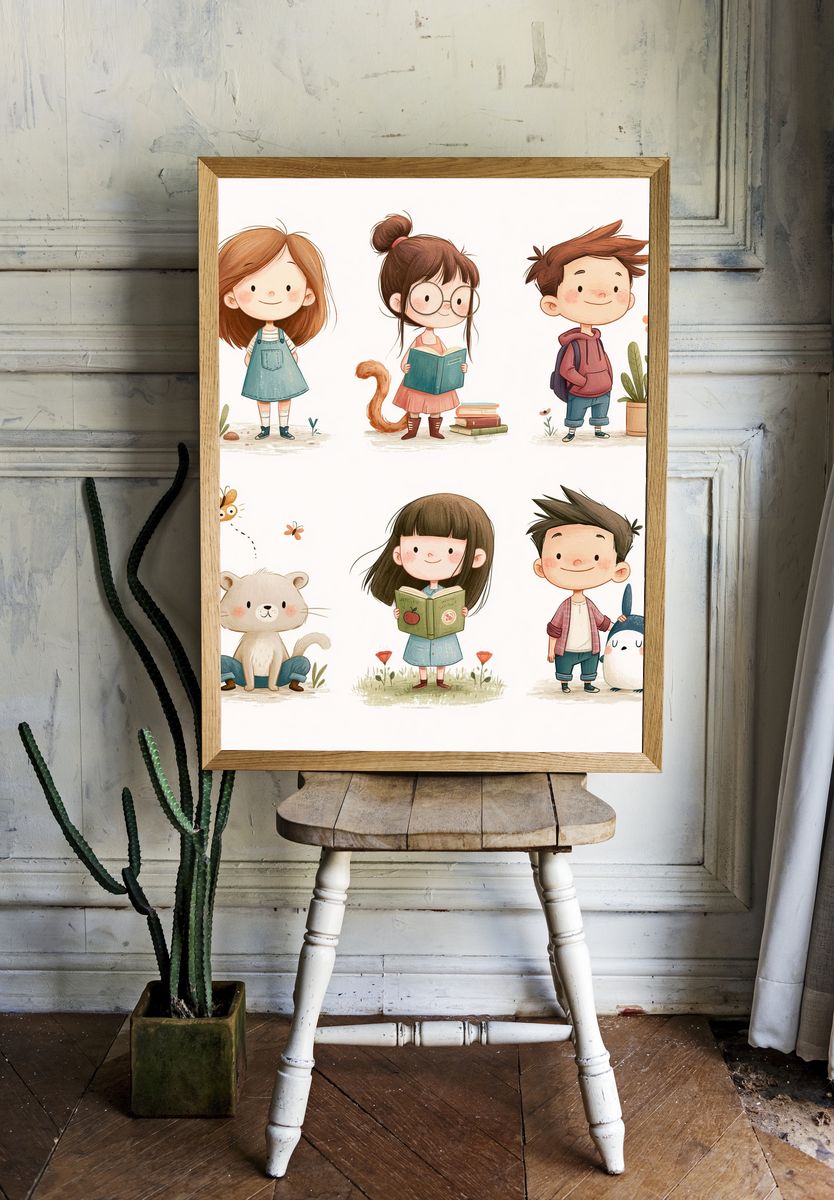 Cute Kids and Animals Illustration Poster. — room view 1