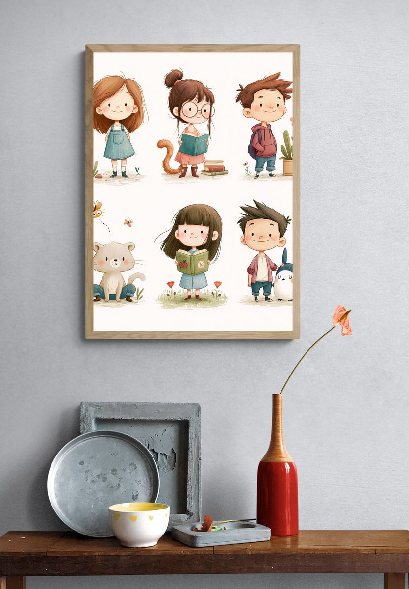 Cute Kids and Animals Illustration Poster. — room view 3