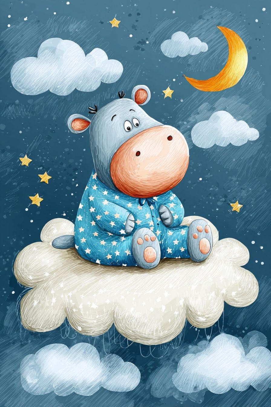 Sleepy Hippo on Cloud — Kids Print. poster — kids art