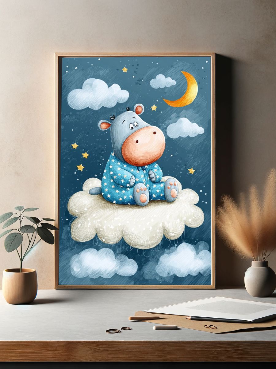 Sleepy Hippo on Cloud — Kids Print. — room view 2