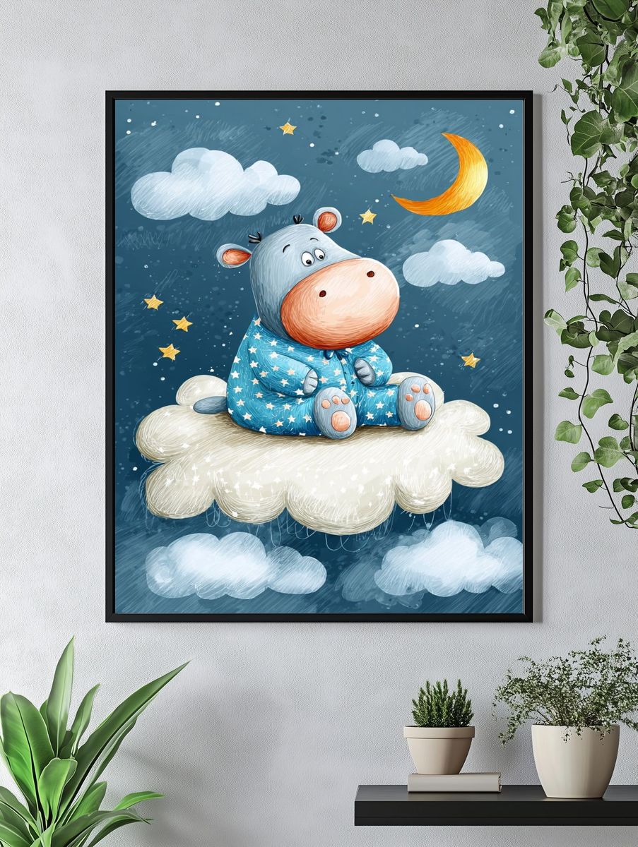 Sleepy Hippo on Cloud — Kids Print. — room view 4