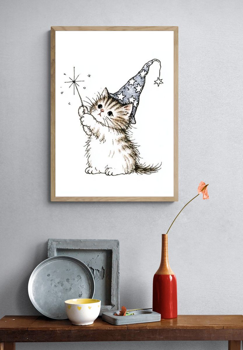 Wizard Cat Illustration Poster. — room view 3