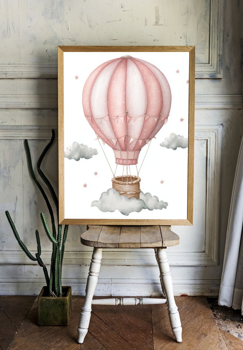 Pink Hot Air Balloon Nursery Print. room preview