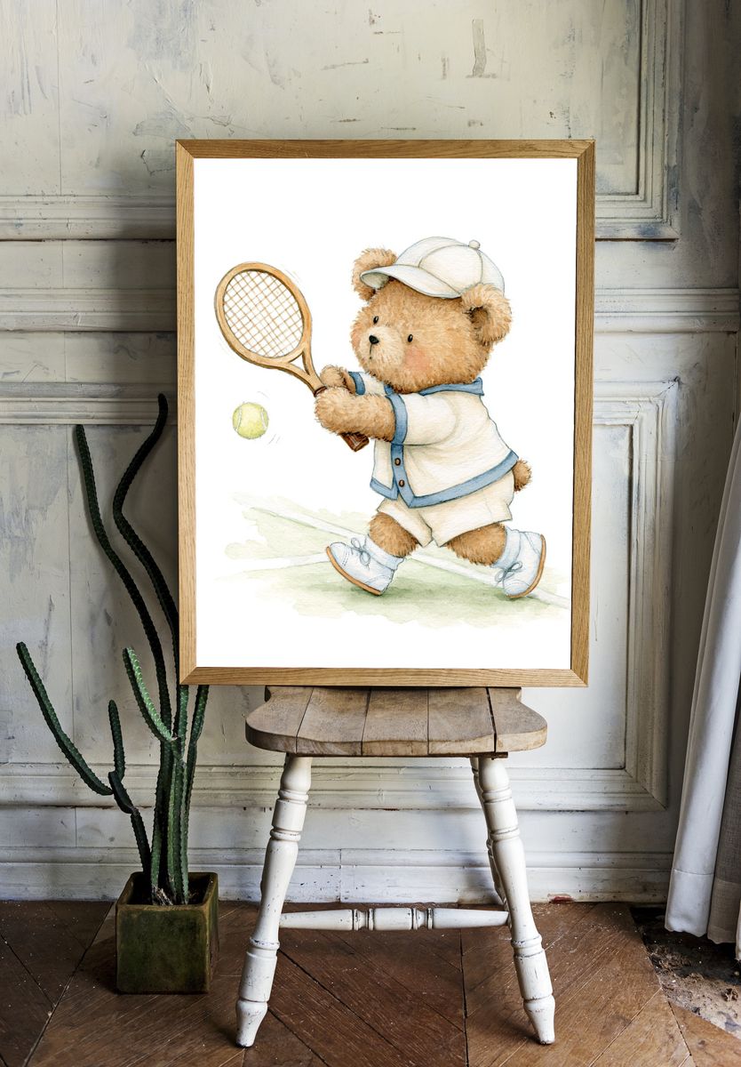 Teddy Bear Tennis Watercolor Poster. — room view 1