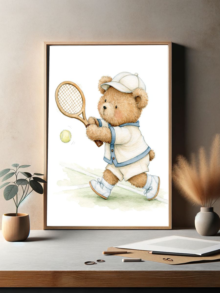 Teddy Bear Tennis Watercolor Poster. — room view 2