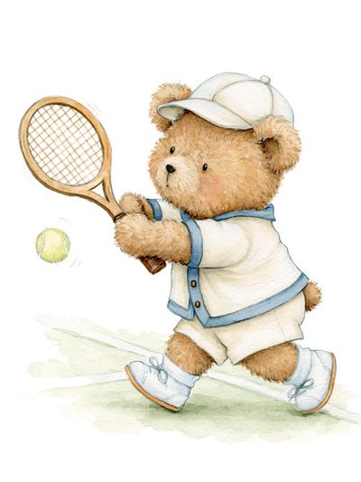Teddy Bear Tennis Watercolor Poster. poster