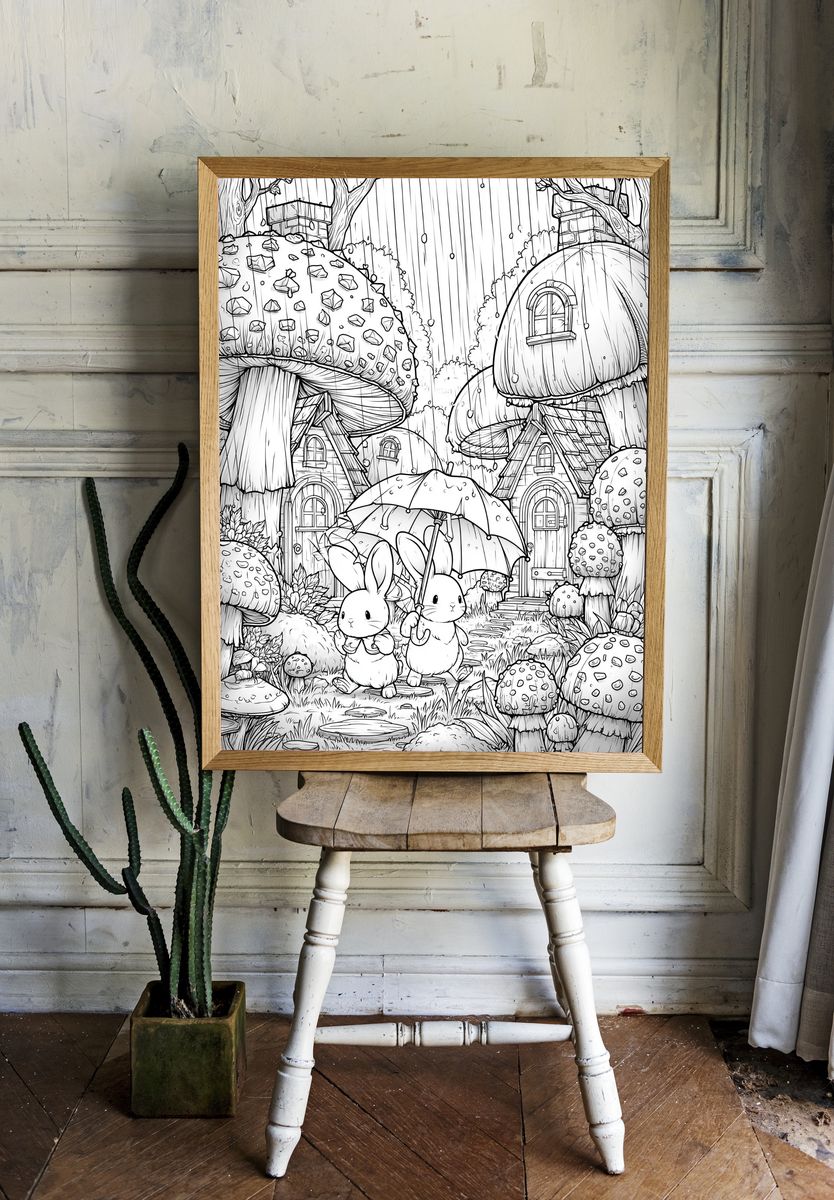 Rabbit Mushroom Village Print. — room view 1