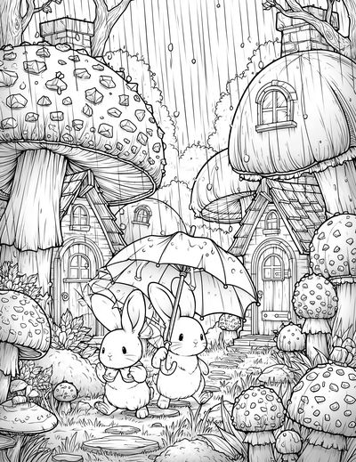 Rabbit Mushroom Village Print.