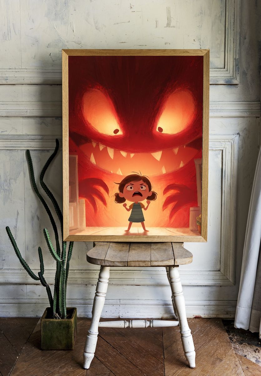 Girl Confronting Monster — Cartoon Print room preview