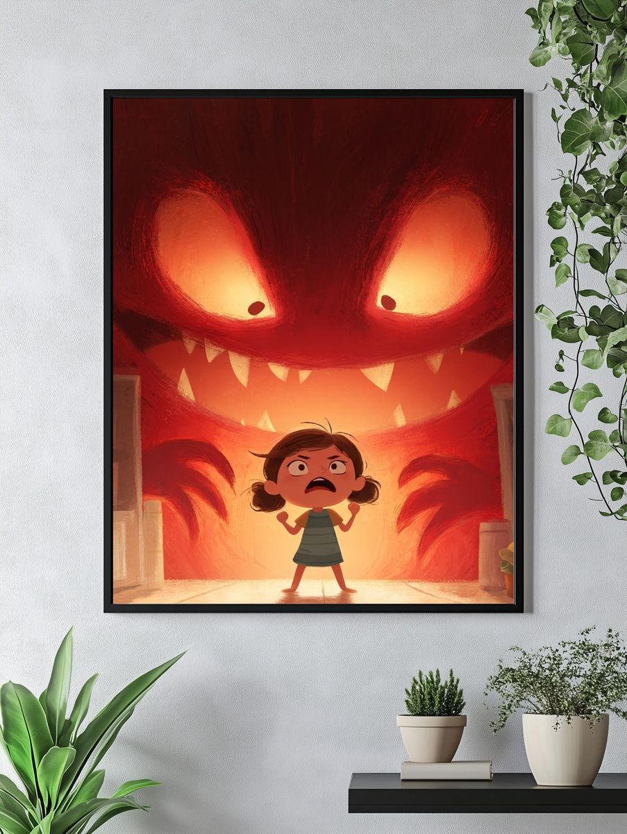Girl Confronting Monster — Cartoon Print. — room view 4