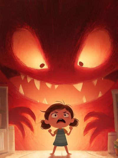 Girl Confronting Monster — Cartoon Print. poster