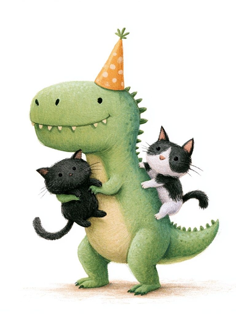 Party Dinosaur with Kittens Illustration Poster. poster detail