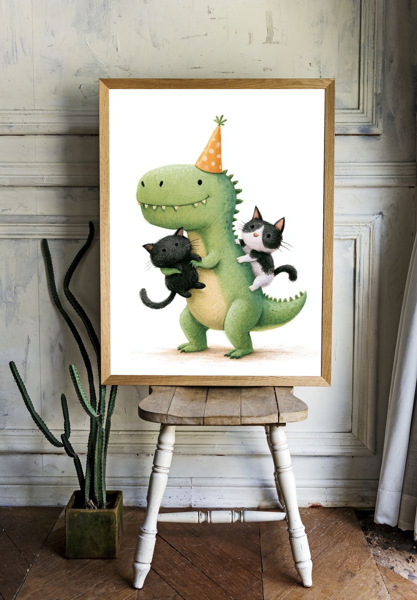 Party Dinosaur with Kittens Illustration Poster. — room view 1