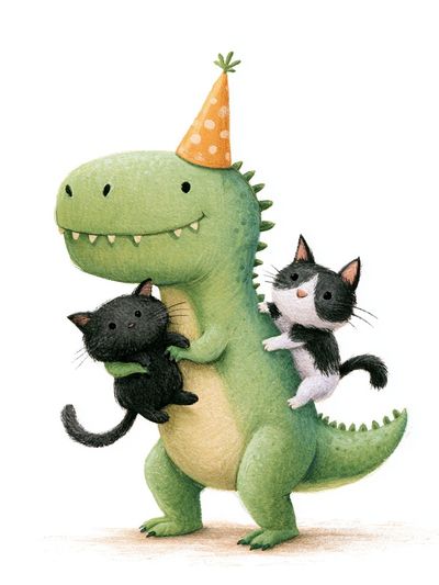 Party Dinosaur with Kittens Illustration Poster. poster