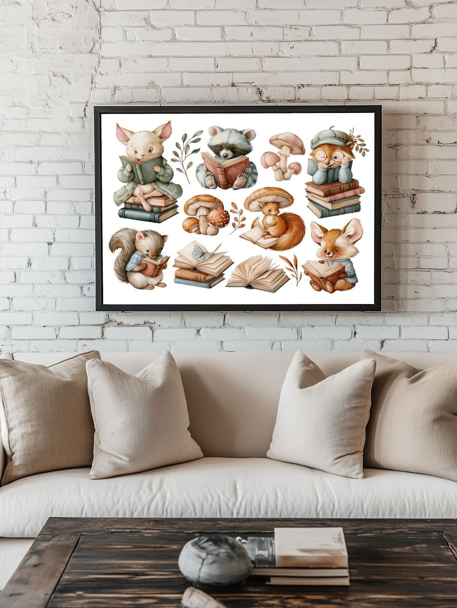 Reading Woodland Animals Illustration Poster. — room view 1