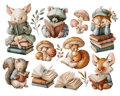 Reading Woodland Animals Illustration Poster.