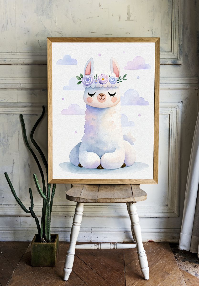 Pastel Llama Nursery Poster. room preview