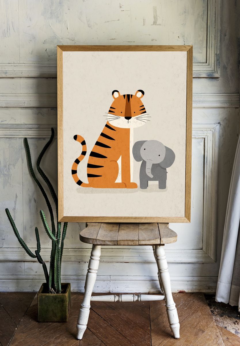 Tiger and Elephant Nursery Print. room preview