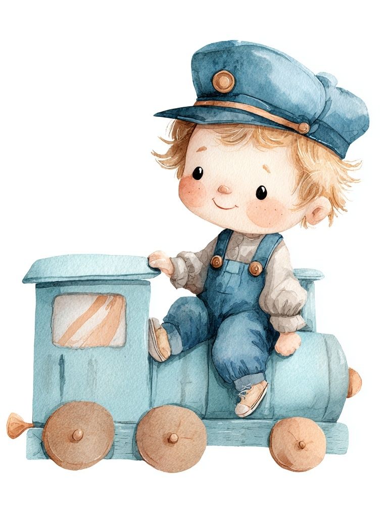 Cute Train Boy — Watercolor Print. poster detail