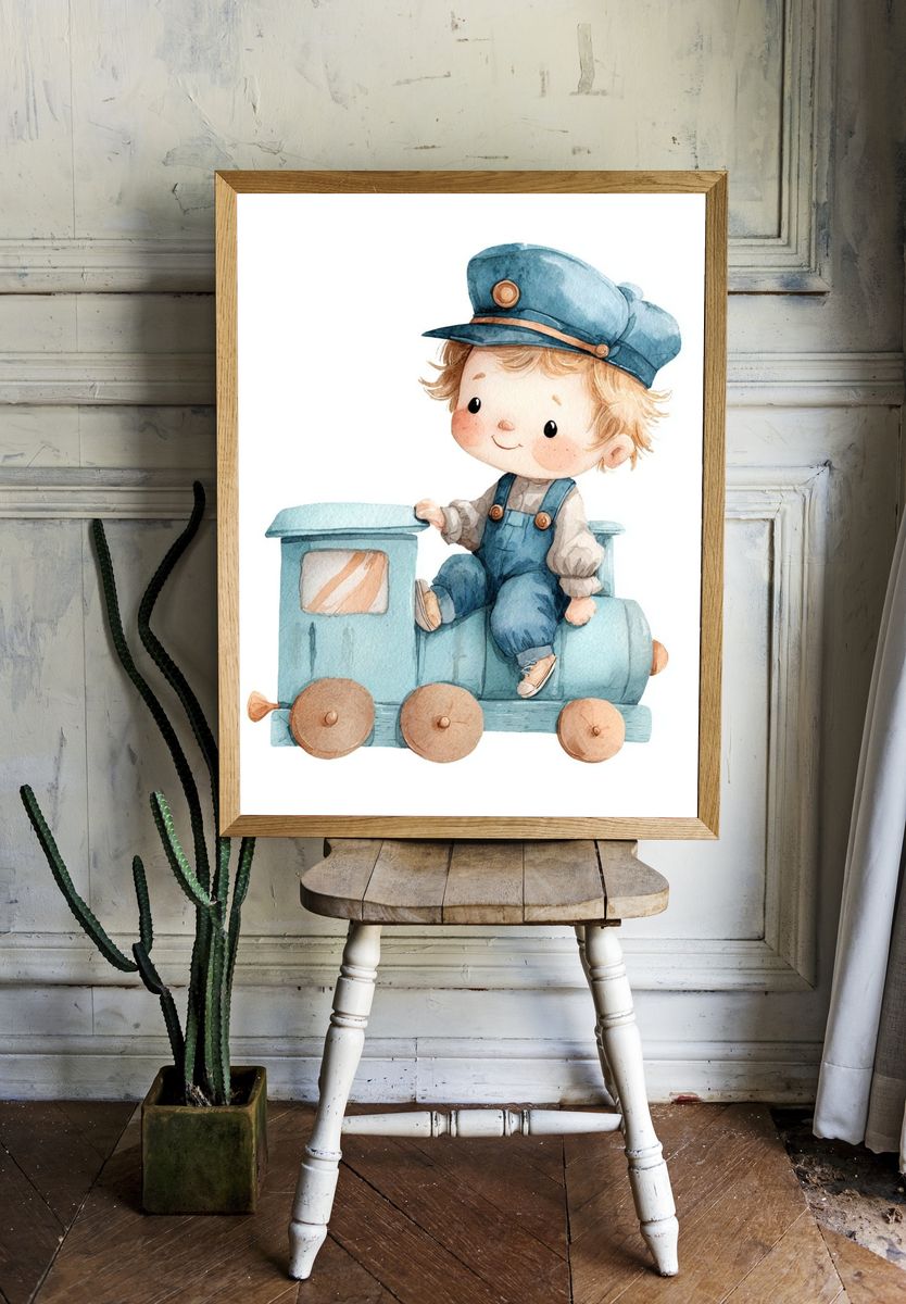 Cute Train Boy — Watercolor Print. — room view 1