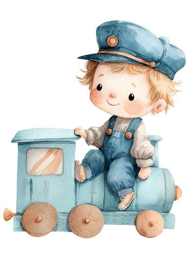 Cute Train Boy — Watercolor Print. poster print