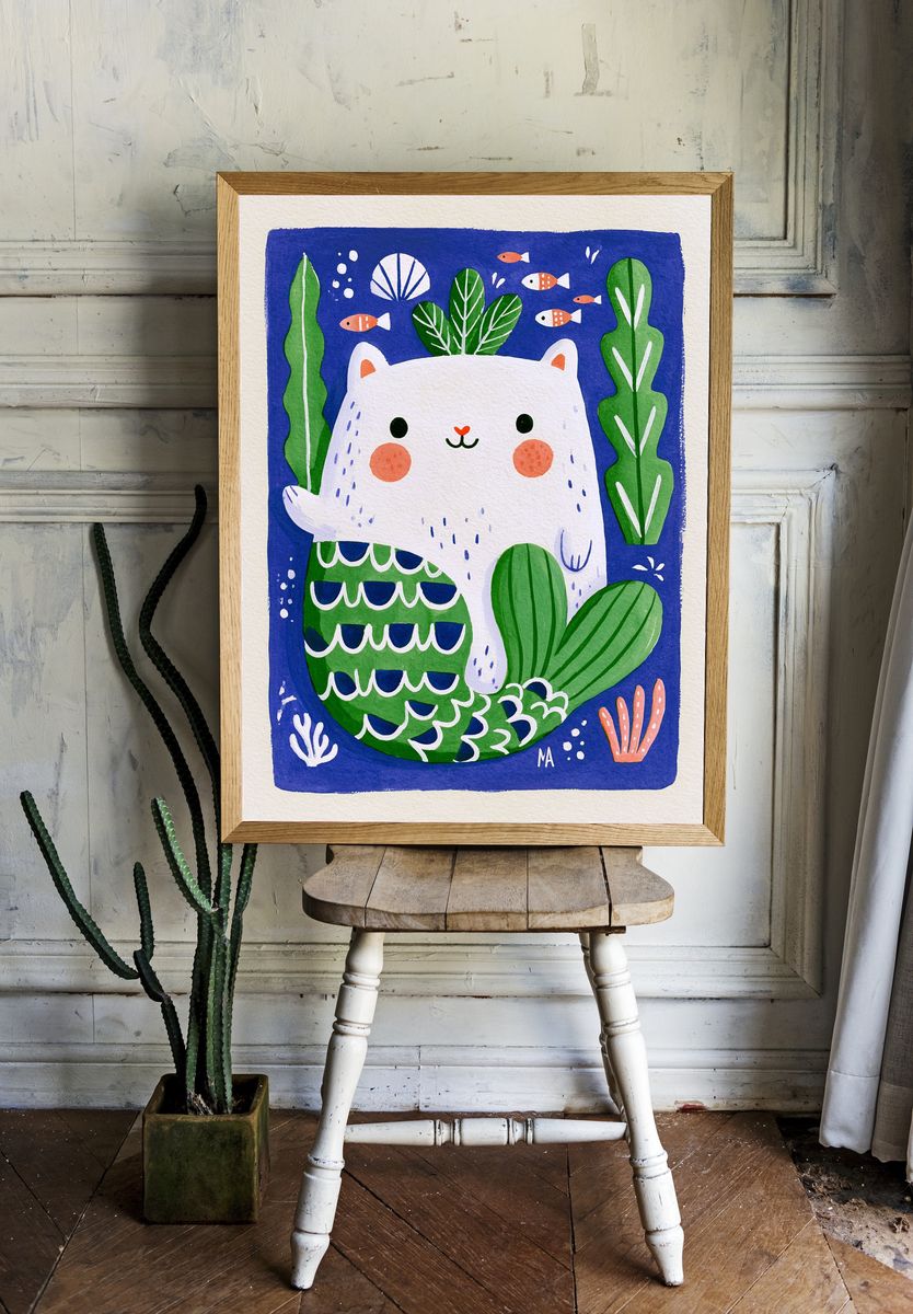 Cute Cat Underwater Illustration Poster. — room view 1