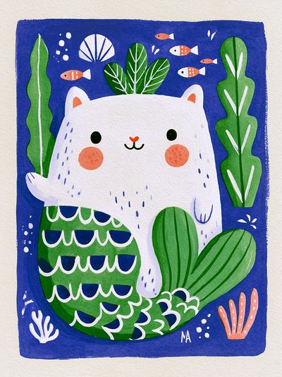 Cute Cat Underwater Illustration Poster. poster print