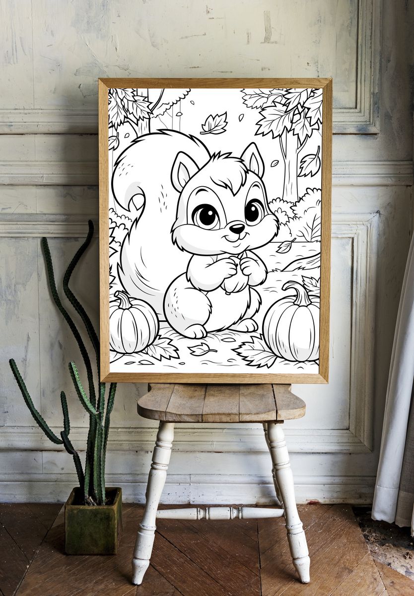 Cute Squirrel Autumn Coloring Poster. — room view 1