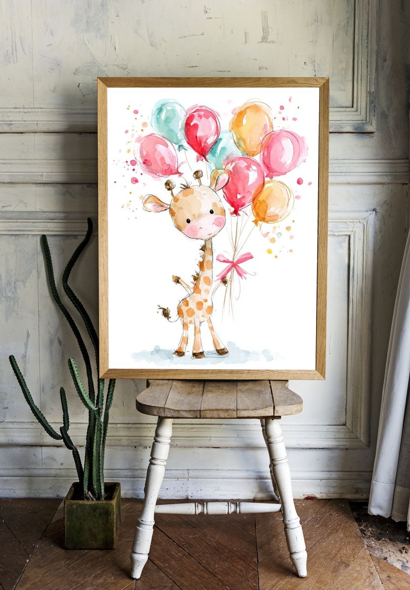Giraffe with Balloons Illustration Poster. — room view 1