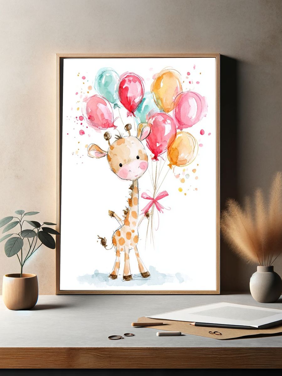 Giraffe with Balloons Illustration Poster. — room view 2