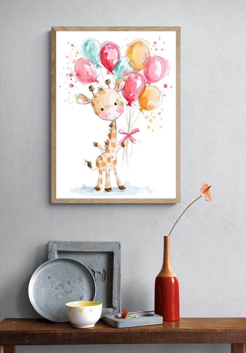 Giraffe with Balloons Illustration Poster. — room view 3
