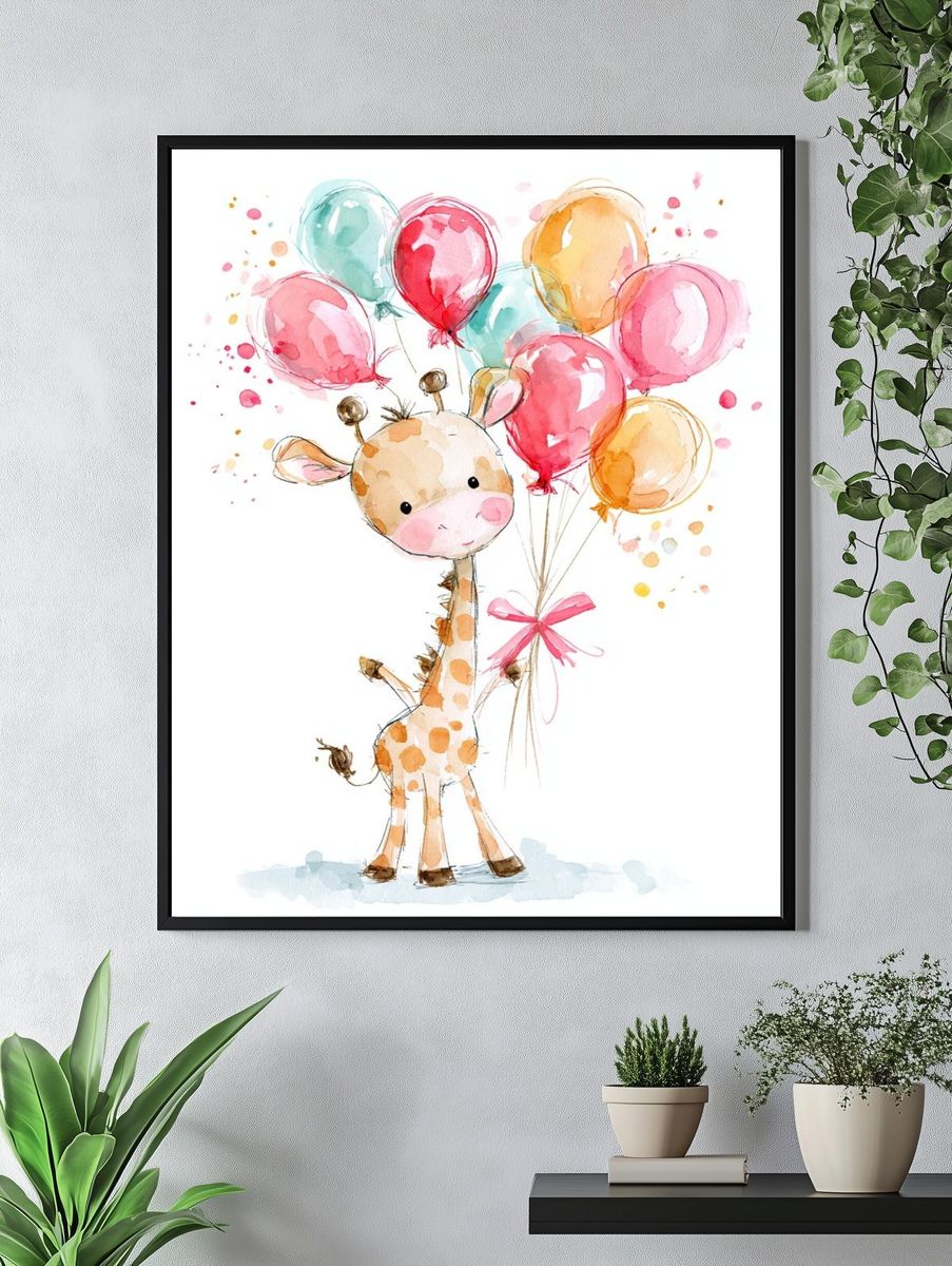 Giraffe with Balloons Illustration Poster. — room view 4