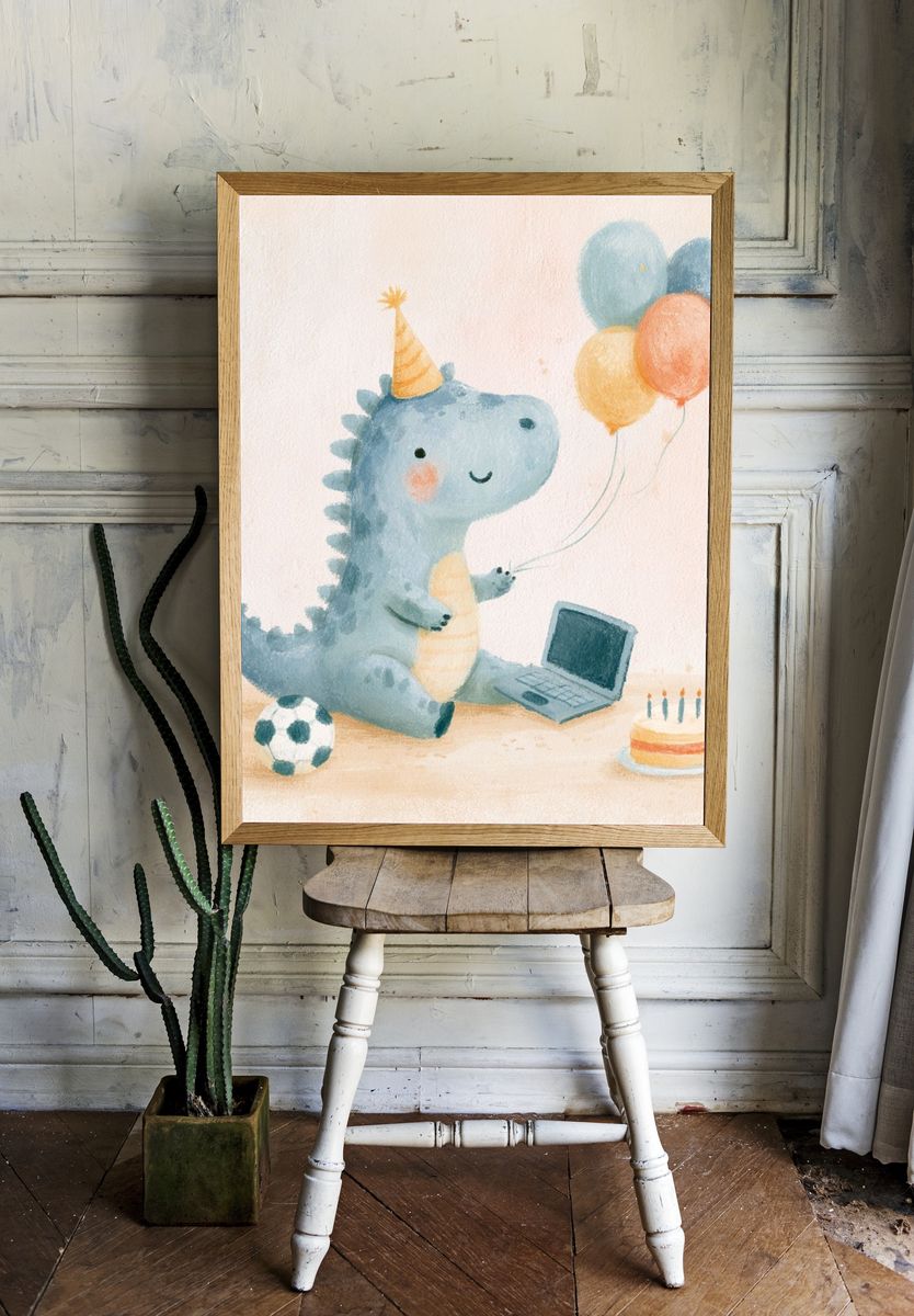 Birthday Dino Watercolor Poster. — room view 1