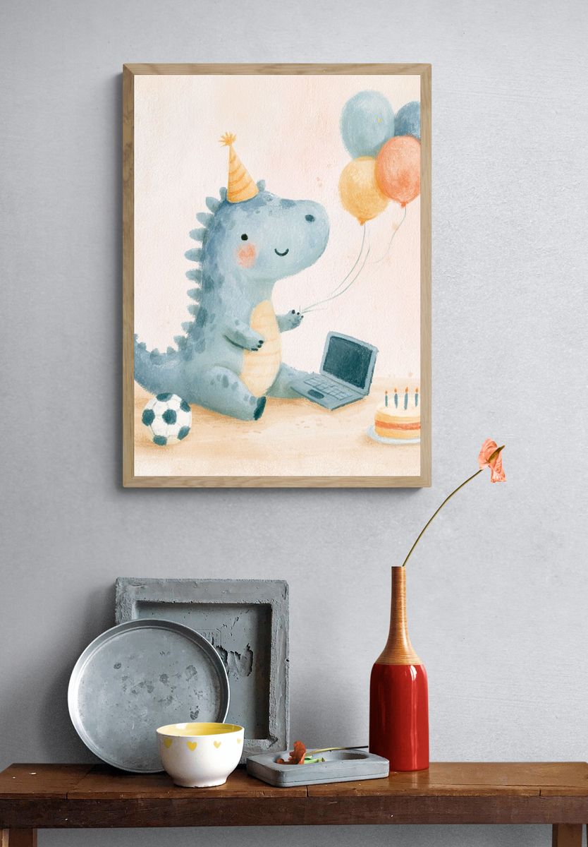 Birthday Dino Watercolor Poster. — room view 3