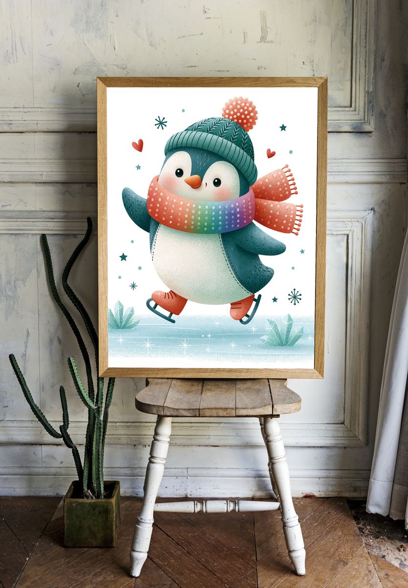 Skating Penguin Winter Illustration Poster. — room view 1