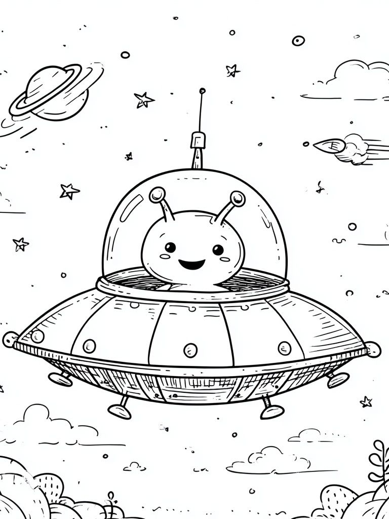 Cute Alien in Spaceship — Cartoon Print. poster — kids art