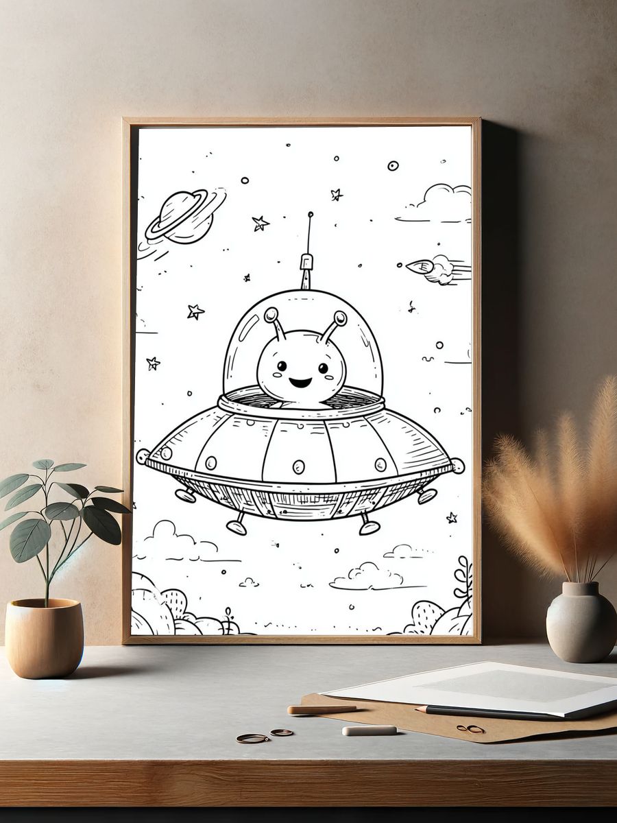 Cute Alien in Spaceship — Cartoon Print. — room view 2